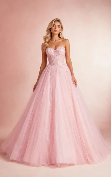 Vestido de fiesta de gala rosa rubor sin tirantes de tul brillante