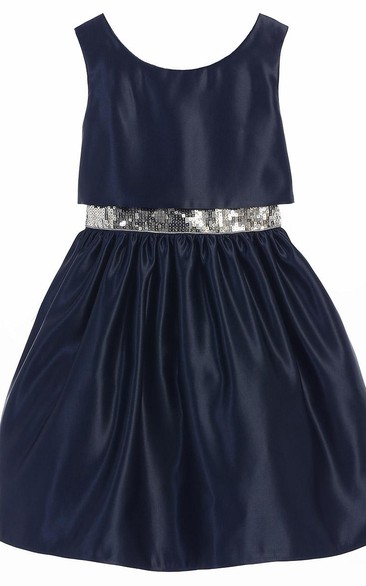 Tea-Length Sleeveless Sequins&Satin Flower Girl Dress