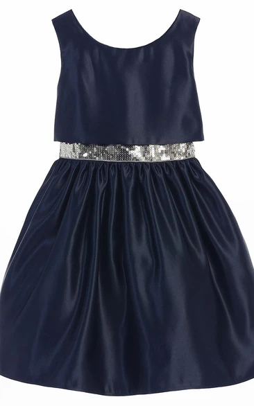 Tea-Length Sleeveless Sequins&Satin Flower Girl Dress