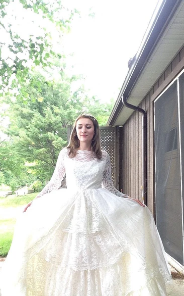 Illusion Long Lace Sleeve Bateau Neck A-Line Dress With Low-V Back