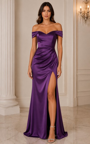 Plum Off-the-Shoulder Satin Mermaid Formal Gown with Slit
