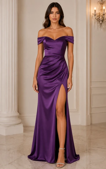 Plum Off-the-Shoulder Satin Mermaid Formal Gown with Slit