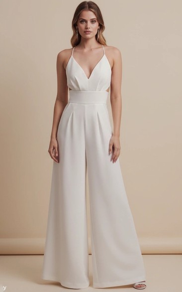 Deep V Neck Wide Leg Wedding Jumpsuit Gown