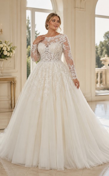 Royal Illusion Long Sleeve Ball Gown - Lace Applique Tulle Wedding Dress with Cathedral Train | Dorris Wedding Royal Illusion Long Sleeve Ball Gown - Lace Applique Tulle Wedding Dress with Cathedral Train | Dorris Wedding