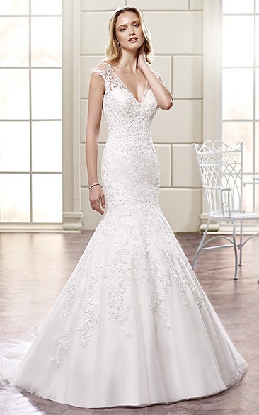 Mermaid Sleeveless V-Neck Tulle Wedding Dress With Illusion