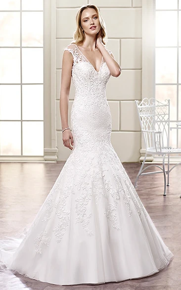 Mermaid Sleeveless V-Neck Tulle Wedding Dress With Illusion