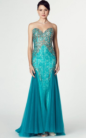 Mermaid Sleeveless Beaded Sweetheart Tulle Prom Dress