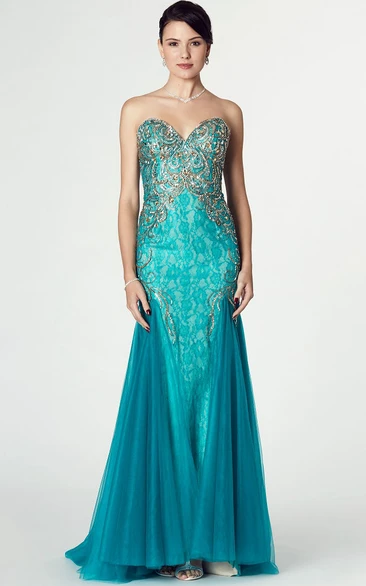 Mermaid Sleeveless Beaded Sweetheart Tulle Prom Dress