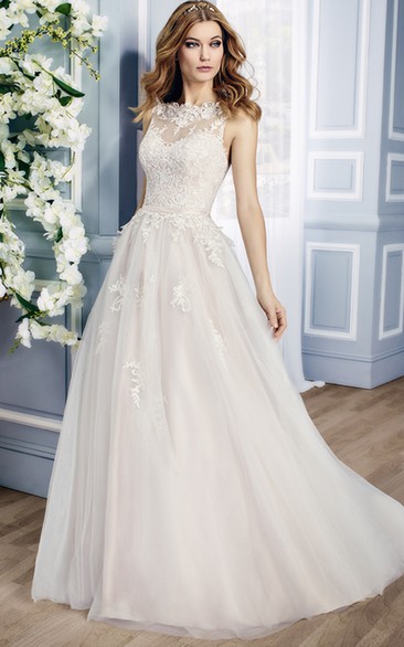 A-Line Sleeveless Floor-Length Appliqued Bateau Lace&Tulle Wedding Dress With Court Train And Low-V Back