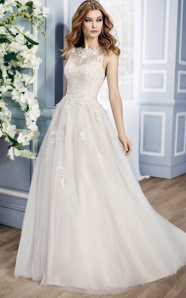 A-Line Sleeveless Floor-Length Appliqued Bateau Lace&Tulle Wedding Dress With Court Train And Low-V Back