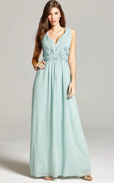 Ruched Sleeveless V-Neck Chiffon Bridesmaid Dress With Flower And Beading