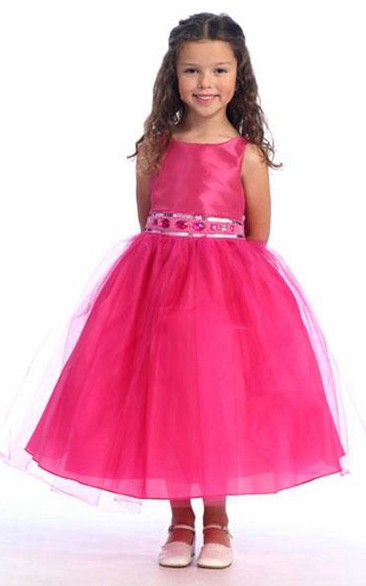 Tea-Length Jewel Floral Floral Tulle Flower Girl Dress