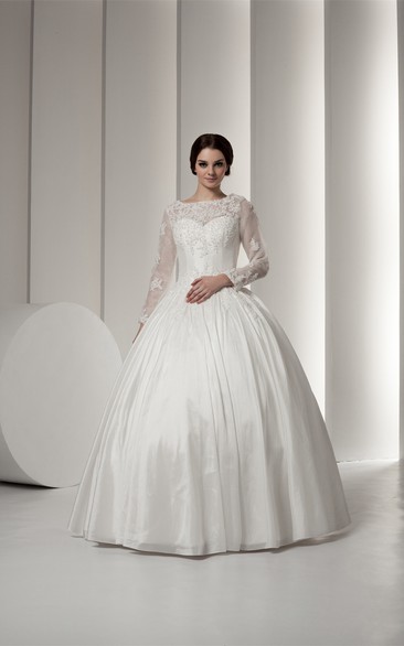 Bateau-Neck Long-Sleeve Beading and Ball-Gown With Lace