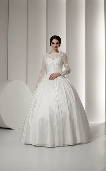 Bateau-Neck Long-Sleeve Beading and Ball-Gown With Lace