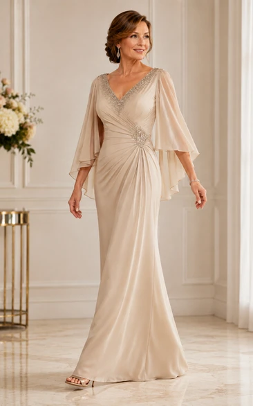 Sheath V-Neck 3/4 Length Sleeve Chiffon Mother Dress with Cape