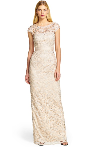 Sheath Floor-Length Scoop Neck Cap Sleeve Bowed Lace Bridesmaid Dress
