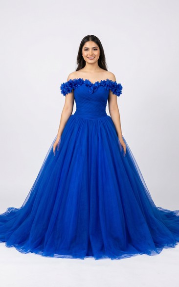 Royal Blue Off Shoulder Quinceanera Tulle Prom Dress with Floral Strap Detail