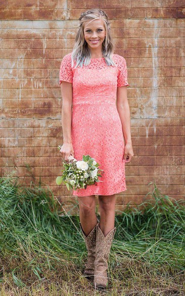 Casual Lace Short-sleeve Bridesmaid Dress with Zipper Back