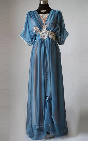 Edwardian Half-Sleeve V-Neck Lady Mary Inspired Downton Abbey 1912 Gown Gibson Dress - Ink Blue/Pool/Two Tone