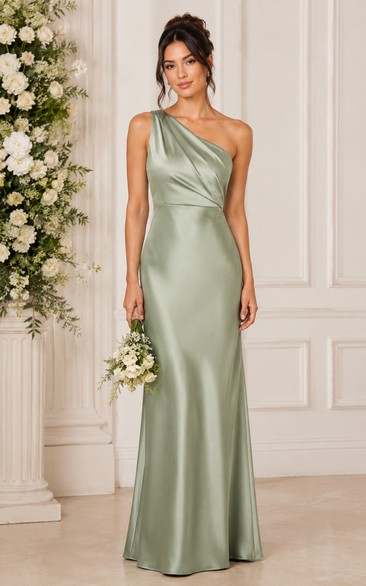 Sage One-Shoulder Satin Sheath Bridesmaid Dress