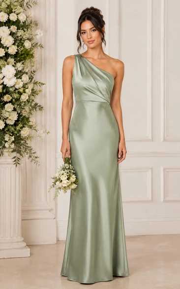 Sage One-Shoulder Satin Sheath Bridesmaid Dress