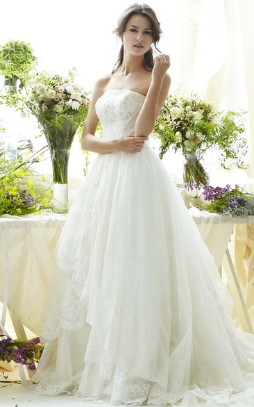 Strapless Floor-Length Beaded Appliqued Tulle Wedding Dress With Pleats And V Back