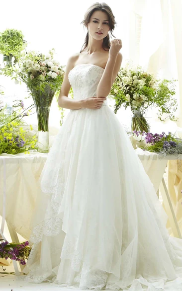 Strapless Floor-Length Beaded Appliqued Tulle Wedding Dress With Pleats And V Back