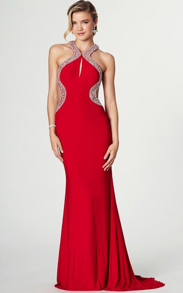 Floor-Length Beaded Strapped Sleeveless Jersey Prom Dress