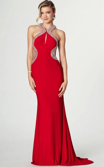 Floor-Length Beaded Strapped Sleeveless Jersey Prom Dress