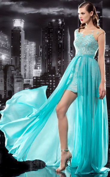 A-Line Long Scoop-Neck Cap-Sleeve Chiffon Low-V Back Dress With Lace And Pleats