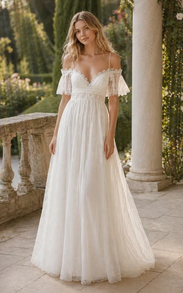 Off-the-shoulder Spaghetti Empire Lace Pleated Adorable Wedding Dress
