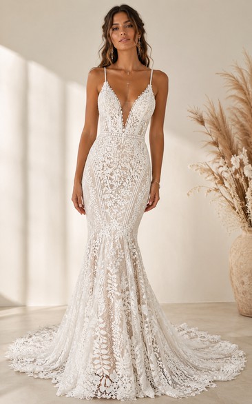 Sexy Mermaid Wedding Dress Sleeveless V-Neck Lace Floor Length Chapel Train Ivory