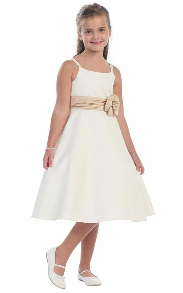 Floral Tea-Length Tiered Cap-Sleeve Satin Flower Girl Dress With Cape