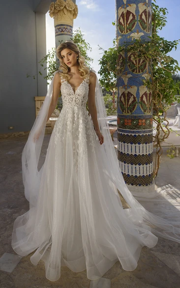 Ball Gown V-neck Sleeveless Court Train Organza Wedding Dress with Appliques and Draping