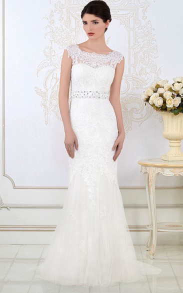 Sheath Bateau-Neck Appliqued Long Cap-Sleeve Lace Wedding Dress With Waist Jewellery
