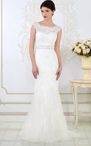 Sheath Bateau-Neck Appliqued Long Cap-Sleeve Lace Wedding Dress With Waist Jewellery