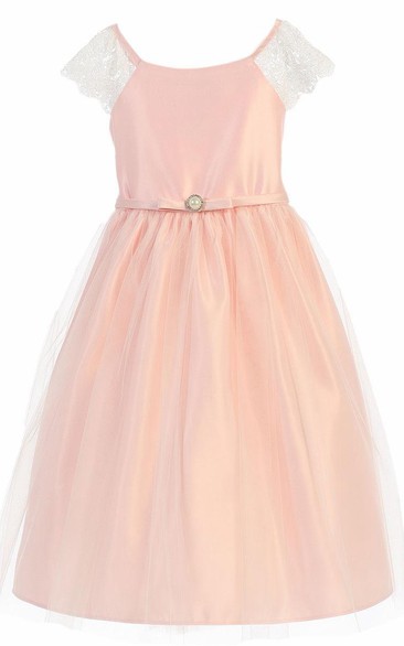 Short Broach Beaded Cap-Sleeve Tulle&Lace Flower Girl Dress
