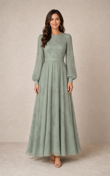 Sage Long Sleeve Tonal Lace Floor-length A-Line Dress