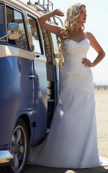 Sweetheart Long Ruched Taffeta Wedding Dress With Beading And V Back