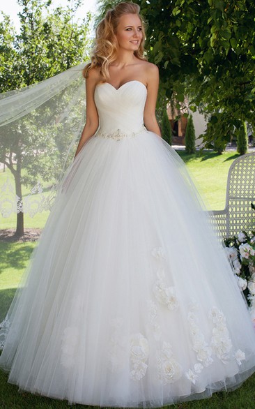 Sweetheart Long Criss-Cross Jeweled Tulle Wedding Dress
