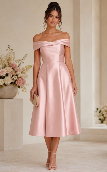 Blush Off-the-Shoulder Satin Tea-Length Dress