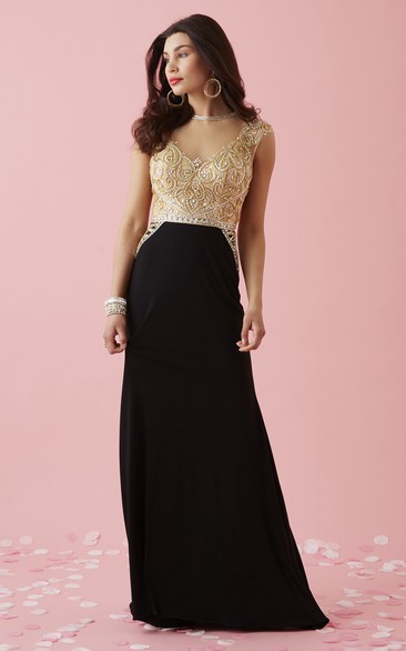 Sheath Long V-Neck Cap-Sleeve Jersey Illusion Dress With Beading