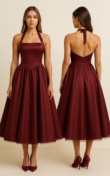 Burgundy Halter A-line Tea-length Dress