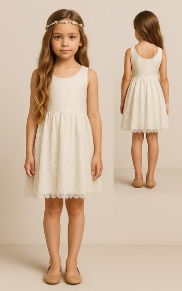 White Lace Sleeveless Scoop-neck Knee-length Flowergirl Dress
