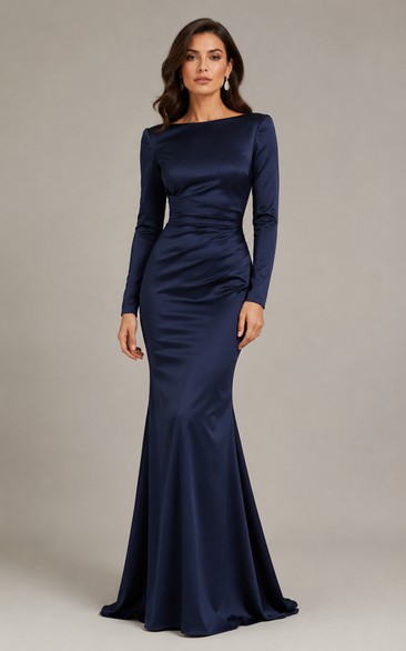 Dark Navy Bateau Long Sleeve Mermaid Dress
