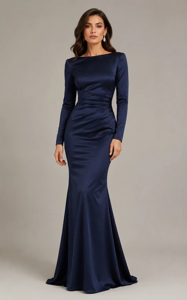 Dark Navy Bateau Long Sleeve Mermaid Dress