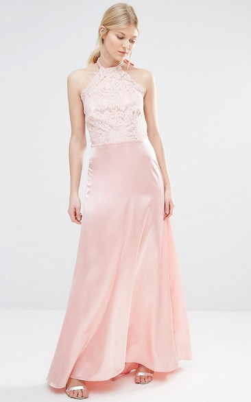 Sheath Long-Sleeveless High Neck Satin Bridesmaid Dress With Lace