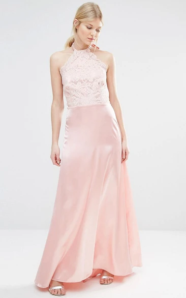 Sheath Long-Sleeveless High Neck Satin Bridesmaid Dress With Lace