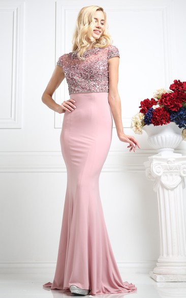 Sheath Long Bateau Short Sleeve Jersey Illusion Dress With Beading