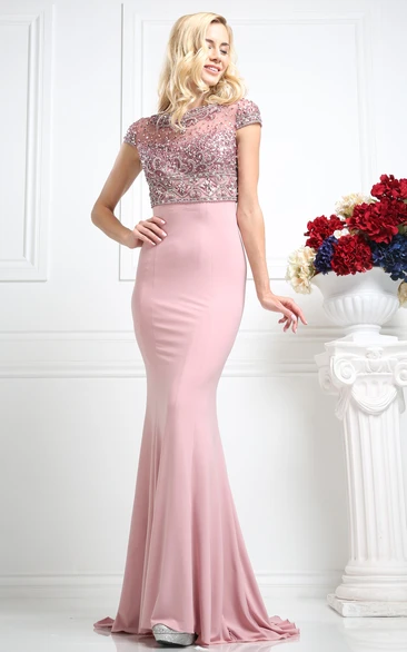 Sheath Long Bateau Short Sleeve Jersey Illusion Dress With Beading
